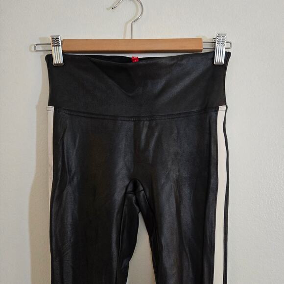 SPANX Faux Leather Leggings White Side Stripe Black Size Small - Picture 4 of 10